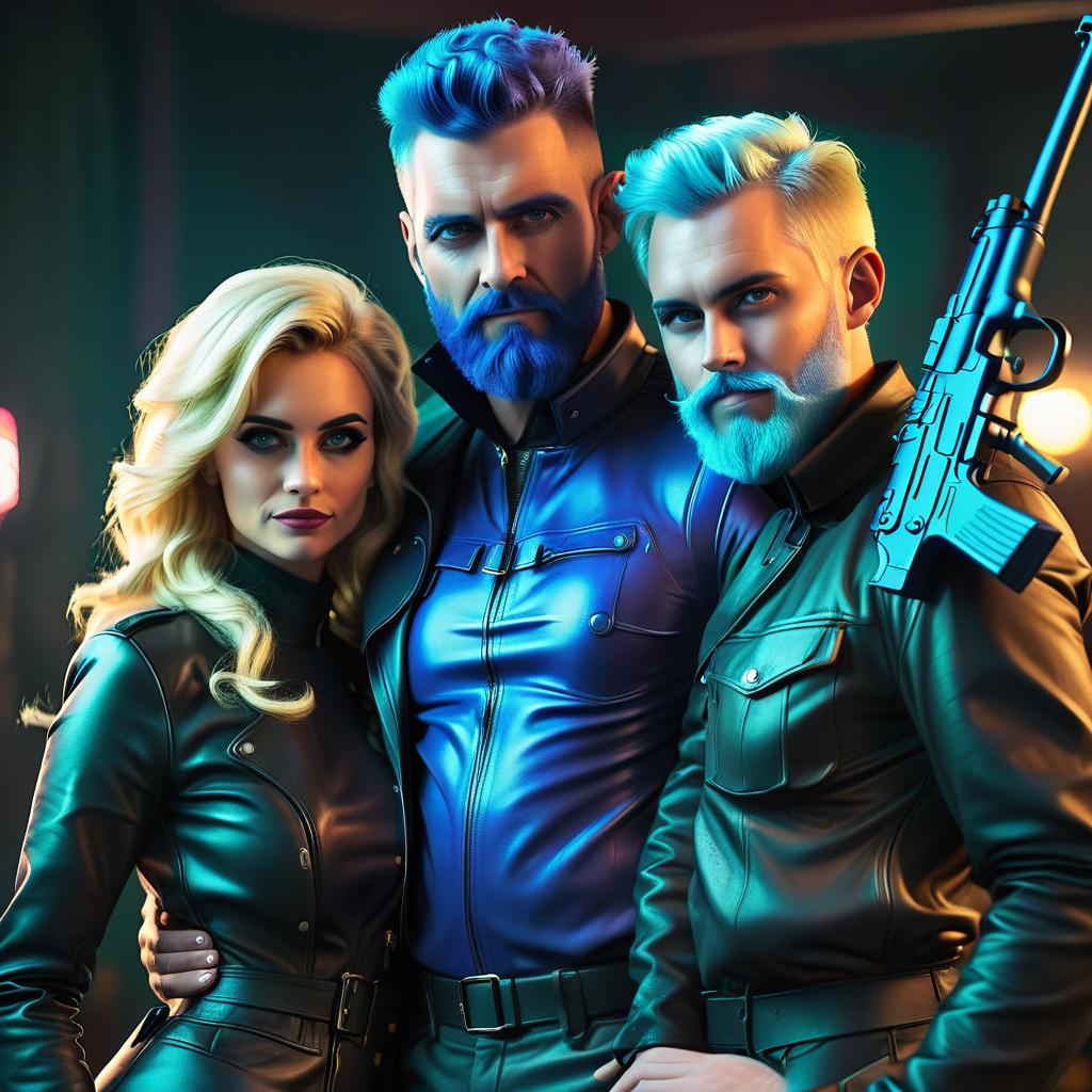  a man with a blue beard with a rifle and a blonde woman in a leather coat standing next to him, t shirt design, glowneon