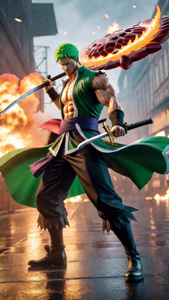  an anime art of zoro vs. ichigo in an intense battle of strategy and resilience. hyperrealistic, full body, detailed clothing, highly detailed, cinematic lighting, stunningly beautiful, intricate, sharp focus, f/1. 8, 85mm, (centered image composition), (professionally color graded), ((bright soft diffused light)), volumetric fog, trending on instagram, trending on tumblr, HDR 4K, 8K