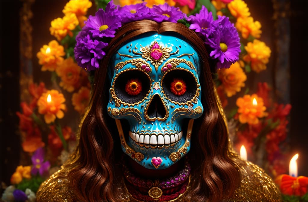  epic realistic, hyperdetailed, (cycles render:1.3), caustics, (glossy:0.58), (artstation:0.82),celebrating the day of the dead with an altar ar 3:2