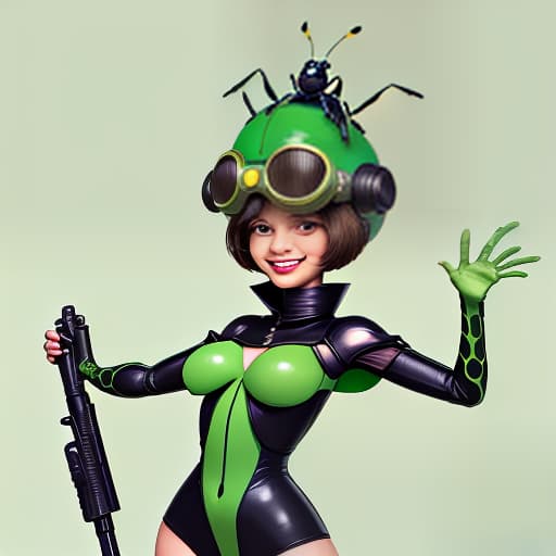  cute cartoon insect beetle character with a green body, big expressive eyes and a smile on his lips. on his head he has a huge brown helmet with goggles, giving him an adventurous look. the insect beetle stands confidently holding a blaster, he has graceful wings and long tendrils. the background is simple and bright inside the starship to emphasize the charm of the funny character with the weapon.