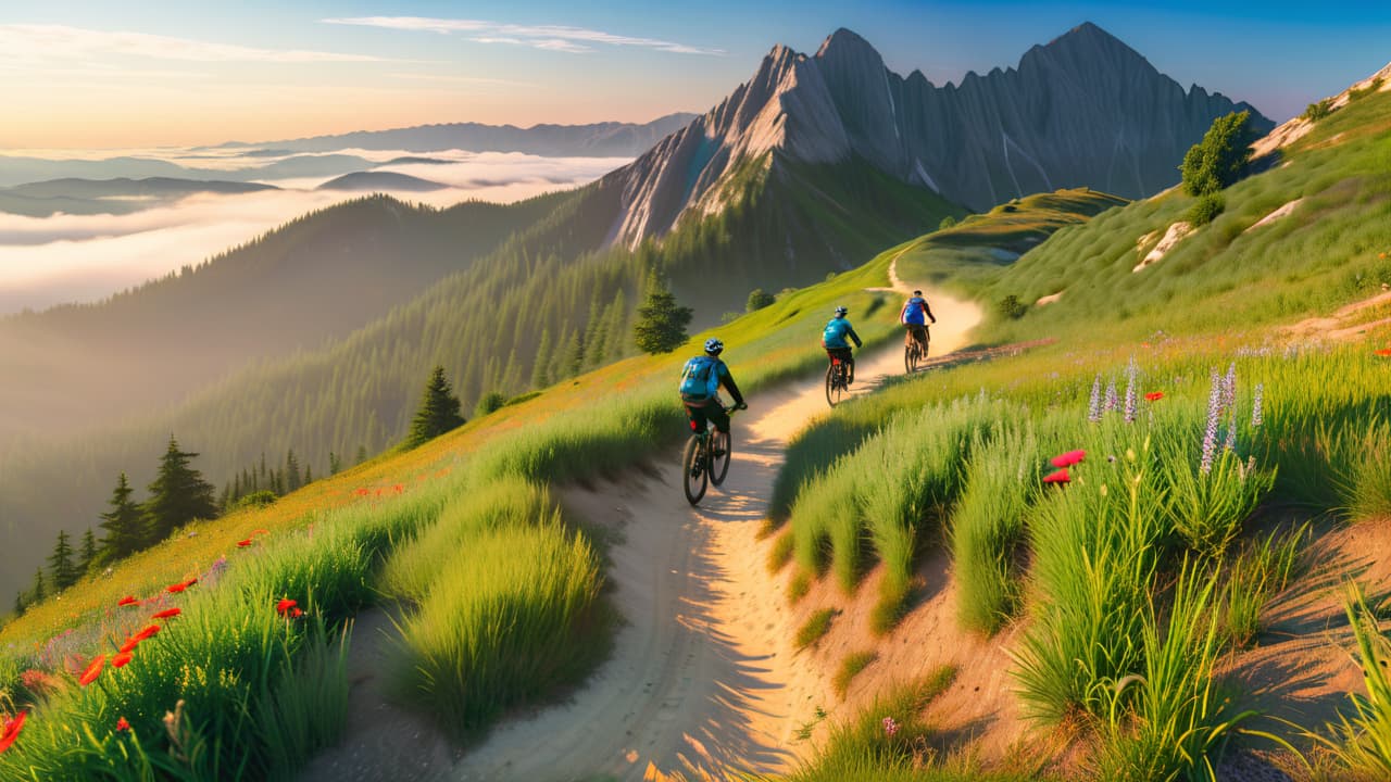  a vibrant mountain landscape at sunrise, featuring a diverse group of bikers navigating a rugged trail, surrounded by lush greenery, rocky outcrops, and wildflowers, showcasing an invigorating outdoor adventure. hyperrealistic, full body, detailed clothing, highly detailed, cinematic lighting, stunningly beautiful, intricate, sharp focus, f/1. 8, 85mm, (centered image composition), (professionally color graded), ((bright soft diffused light)), volumetric fog, trending on instagram, trending on tumblr, HDR 4K, 8K