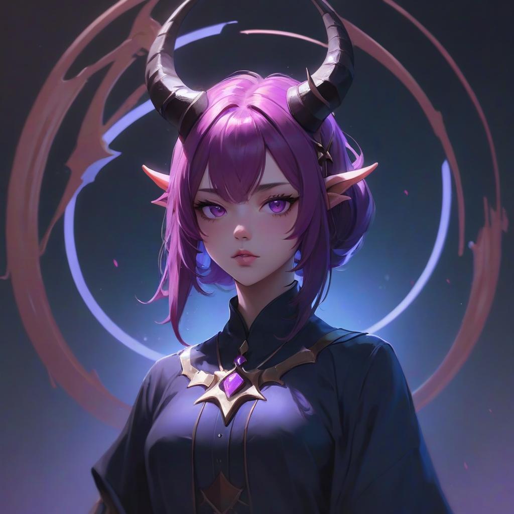  a woman with purple hair and horns on her head, a character portrait, by yang j, fantasy art, high definition anime art, yanjun chengt, noire, artwork in the style of guweiz