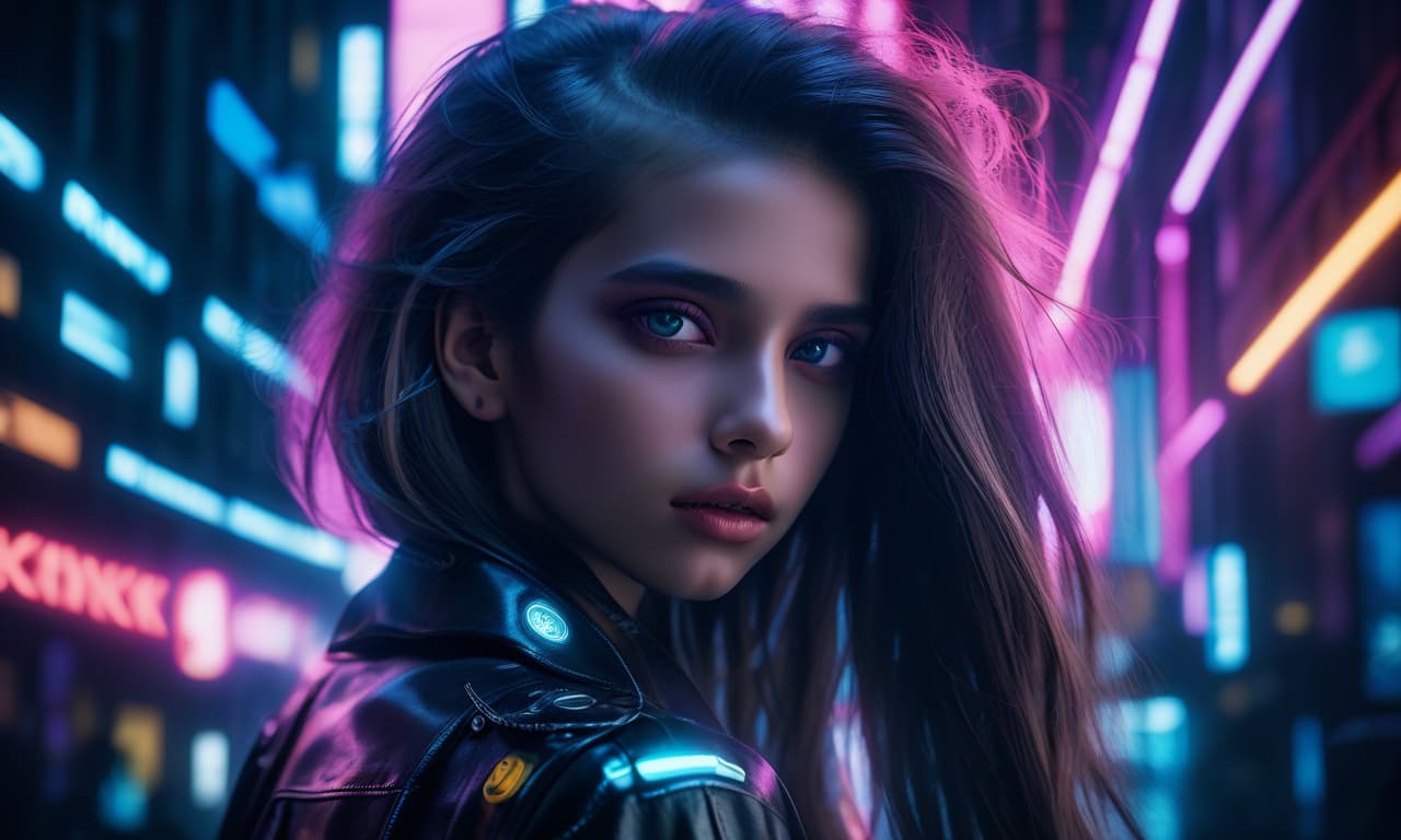  1 girl, of gabriela, black ribbon design, dutch angle, detailed hair, detailed facial features, detailedeyes, detailed lips, intricate hairstyle, long flowing hair, cyber punk, neon lights, glowing neon, dark futuristic city, moody lighting, film composition, dynamic camera angle, hight contrast, bright coloured, (best qualityer,4k,8K,high resolution,work of art:1.2),ultra detali,(realisitic,photorealisitic,photo realisitic:1.37)