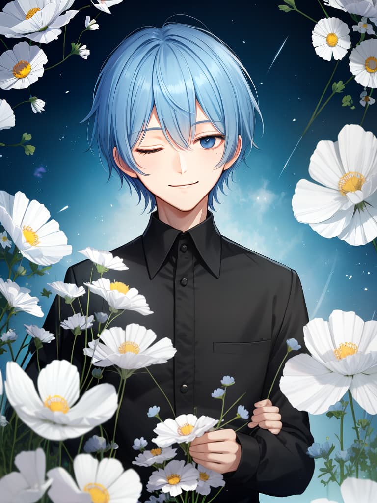  best picture,solo,(( slender male)),handsome,delicate blue hair color,((delicate black eye color)),one eye closed,smiling,simple shirt with long black sleeves,cosmos flowers,high quality,16k