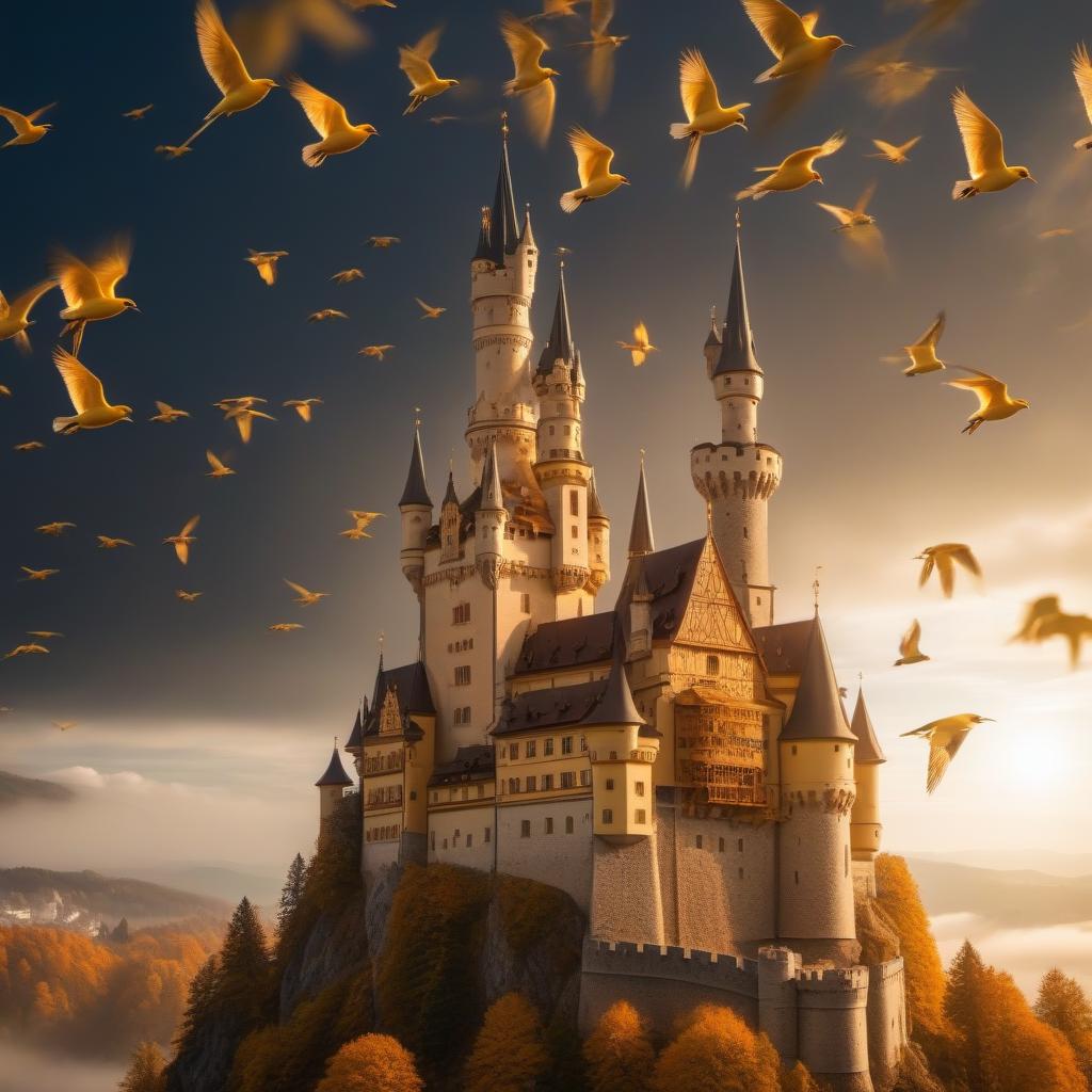  The style of the Golden Castle in Bavaria, beautiful birds, the Middle Ages. hyperrealistic, full body, detailed clothing, highly detailed, cinematic lighting, stunningly beautiful, intricate, sharp focus, f/1. 8, 85mm, (centered image composition), (professionally color graded), ((bright soft diffused light)), volumetric fog, trending on instagram, trending on tumblr, HDR 4K, 8K