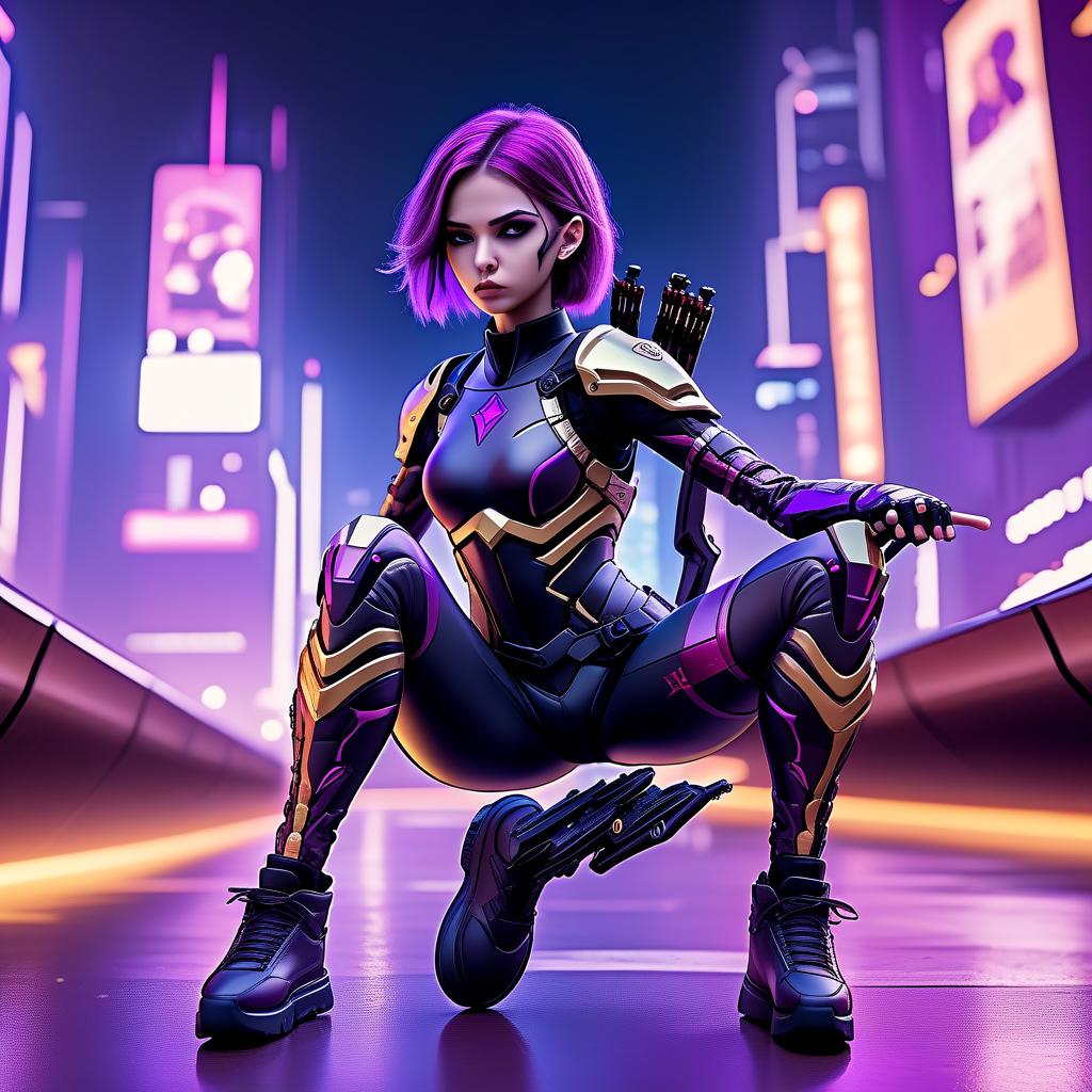  cinematic photo skater slender girl archer of the future, in fashionable elite black steep armor, fully armed with a combat arsenal, stands in a calm posture, european appearance light skin, (eye color dark purple with golden veins: 1 / 3), (hair color dark red with purple: 1 / 2) 3d,hdt,ultra hd,hdr+,4k resolution, maximalism, realism, mitech agent, biomechanism, cyborgization, art, fantasy, both desktop wallpapers, cyberpunk detailing, in the background city of the future . 35mm photograph, film, bokeh, professional, 4k, highly detailed, hkmagic