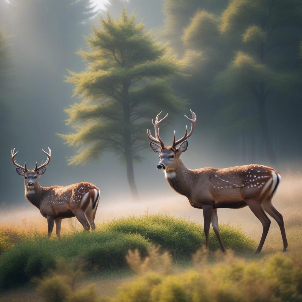  Sunny weather Deer hyperrealistic, full body, detailed clothing, highly detailed, cinematic lighting, stunningly beautiful, intricate, sharp focus, f/1. 8, 85mm, (centered image composition), (professionally color graded), ((bright soft diffused light)), volumetric fog, trending on instagram, trending on tumblr, HDR 4K, 8K