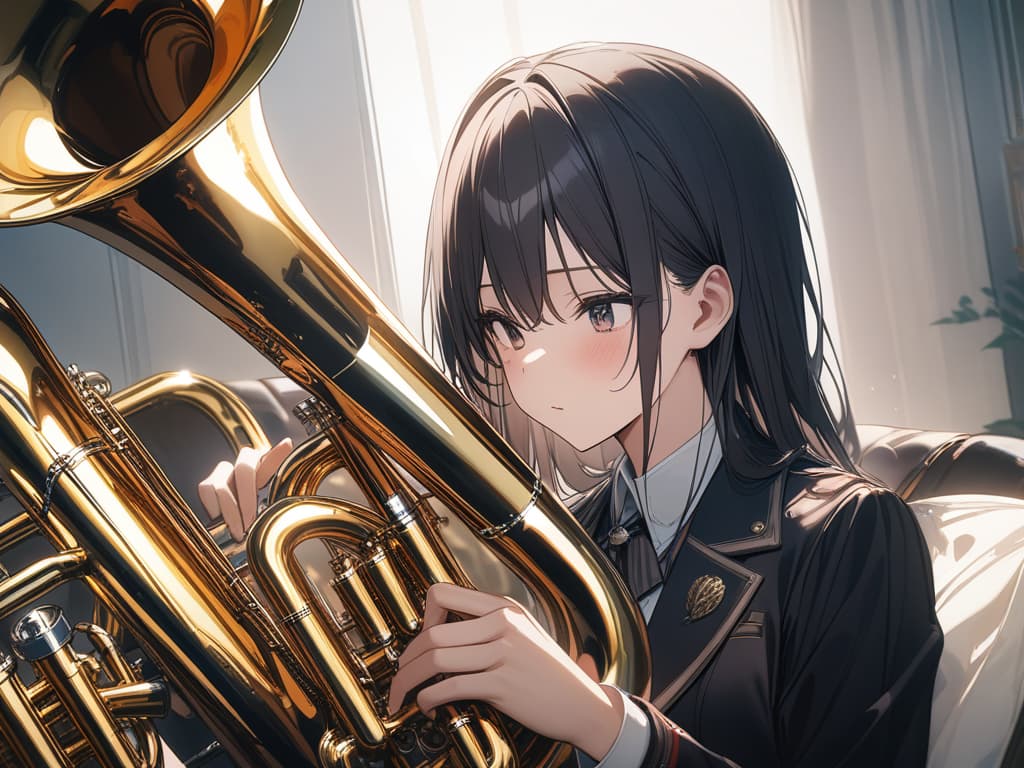  hold black hair, brown winter uniform, paid expression, euphonium, masterpiece, best quality,8k,ultra detailed,high resolution,an extremely delicate and beautiful,hyper detail