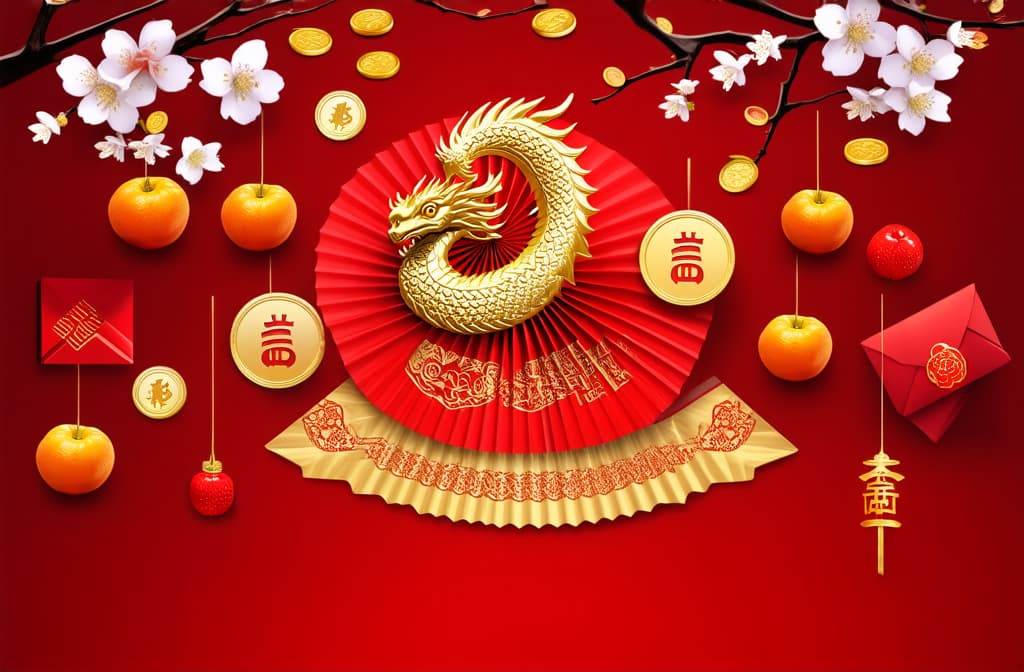  chinese new year theme background with copy space. red fans, gold coins, tangerines, cherry blossoms, holiday golden branches, decor, wishes envelopes. gold dragon on red background ar 3:2 {prompt}, maximum details