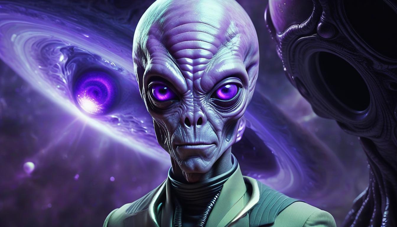  alien themed a creature like a man with purple eyes, with growths on the temples of the head, in a suit. the background is space. . extraterrestrial, cosmic, otherworldly, mysterious, sci fi, highly detailed