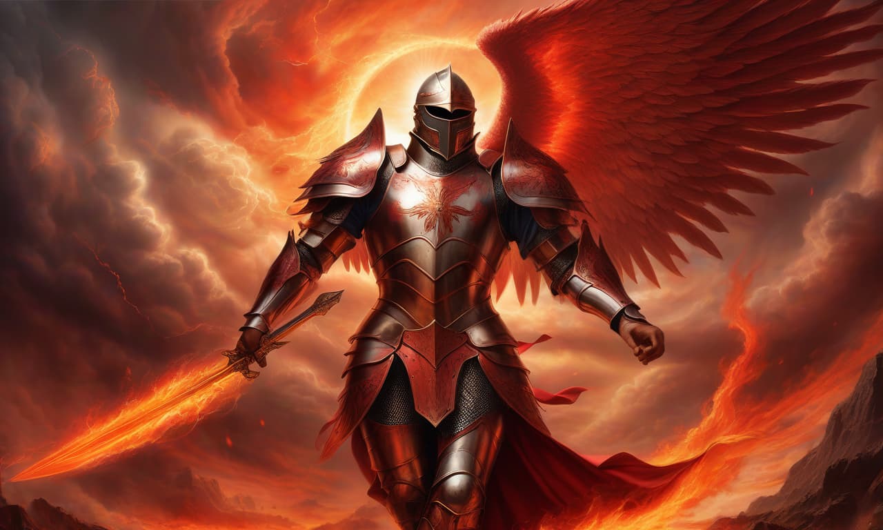  there are many male angels in armor with wings, fighting in fiery skies, red lightning.