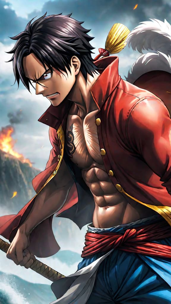  anime art: shanks sacrificing his arm to save luffy in one piece, symbolizing friendship and sacrifice. hyperrealistic, full body, detailed clothing, highly detailed, cinematic lighting, stunningly beautiful, intricate, sharp focus, f/1. 8, 85mm, (centered image composition), (professionally color graded), ((bright soft diffused light)), volumetric fog, trending on instagram, trending on tumblr, HDR 4K, 8K