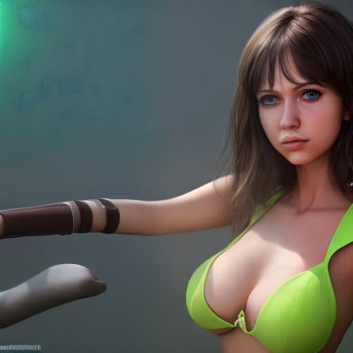 redshift style Mila Azul as a green-skinned humanoid female from another galaxy