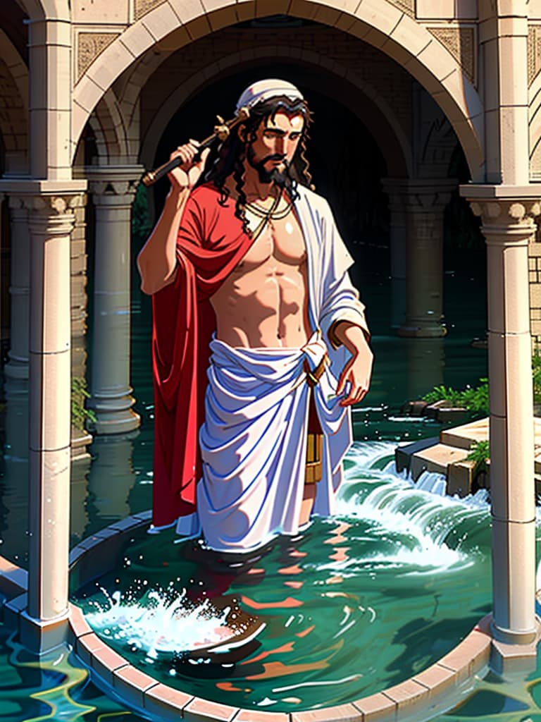  John the Baptist Baptising Jesus, standing in the the river Jordan . Close up view.