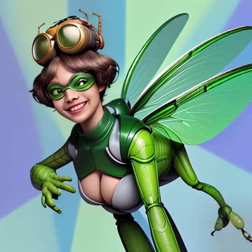  cute cartoon insect beetle character with a green body, big expressive eyes and a smile on his lips. on his head he has a huge brown helmet with goggles, giving him an adventurous look. the insect beetle stands confidently holding a blaster, he has graceful wings and long tendrils. the background is simple and bright inside the starship to emphasize the charm of the funny character with the weapon.