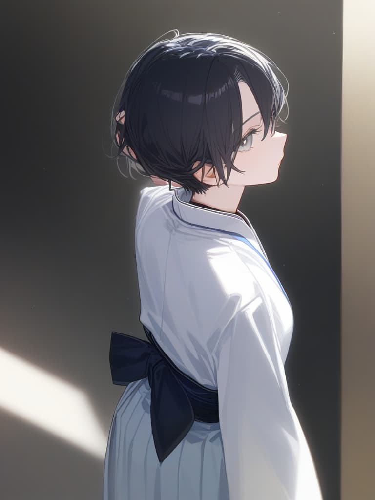  short hair boy,cool,cool beauty face,student,black hair,white eyes,handsome guy,cool,solo boy,turn this way,hakama,white skin,beautiful eyes,pierce,no expression,close,tie your hair back a little