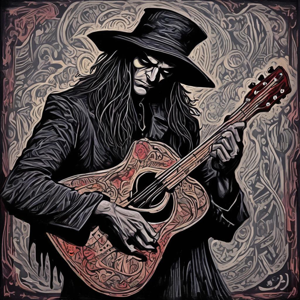  gothic style oil painting. a brutal slavic man in a hat plays the guitar. comic book style. thick and thin lines. . dark, mysterious, haunting, dramatic, ornate, detailed