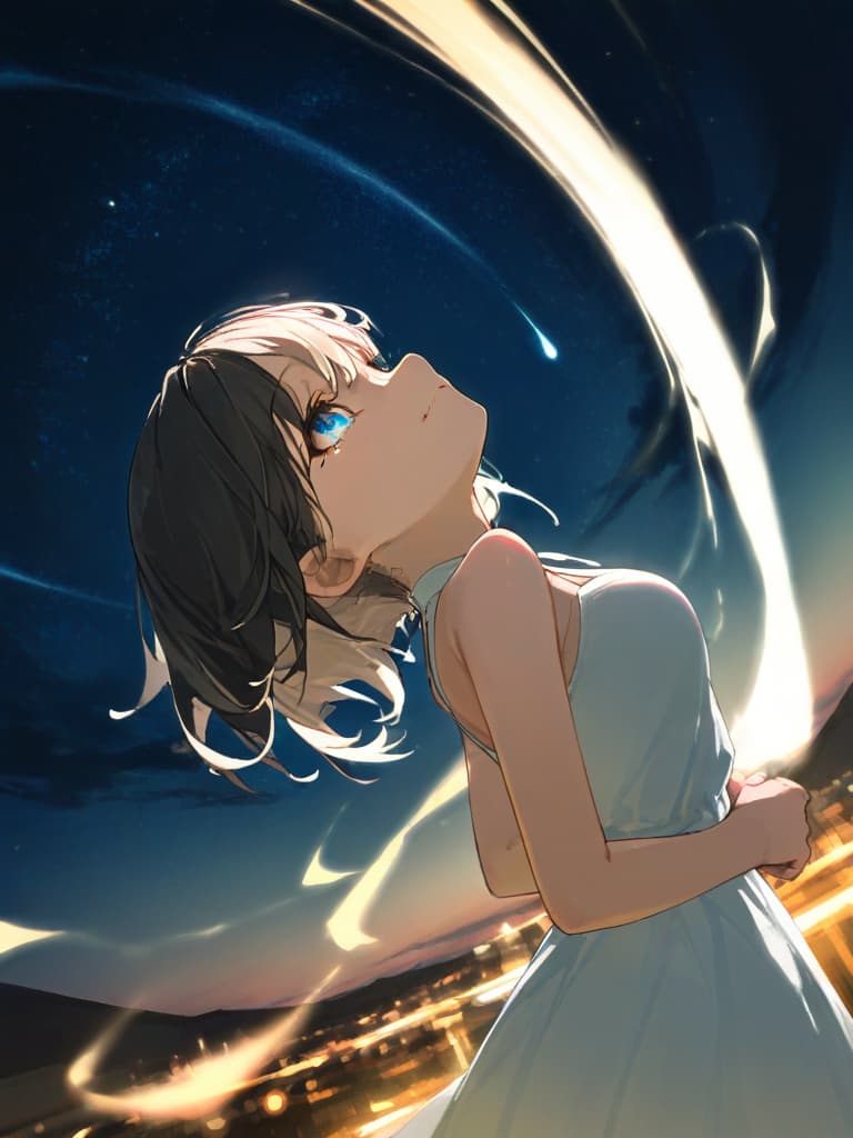  ((look up:2.0))(beautiful girl:1.5)(black hair:1.7)(long straight hair:1.7)(blue eyes:1.7)smile(profile:1.5)(in cute white dress:2.0){looking up at starry sky:2.0}(night sky:1.5)(beautiful starry sky:1.7)(meadow background:1.7) masterpiece,high quality,16k,super analysis