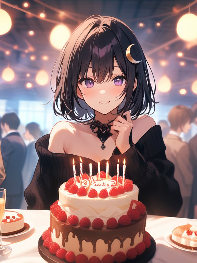  birthday party,large crowd,100 people,whole cake,birthday cake,crackers,gorgeous dress ,decorations,indoors,cool girl,black hair,(purple eyes)1.1,short,cropped hair,(crescent moon hair ornament)1.2,smile,