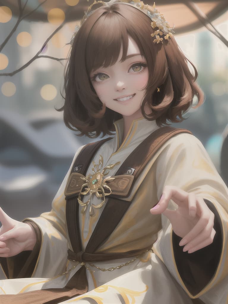  Claw Hands Pointing at Viewer, Narrow Eyed Grin Lady, brown short hair, Close Up Focus, Bokeh, 💩, 💩, 💩, 💩, 💩, 💩, masterpiece, best quality,8k,ultra detailed,high resolution,an extremely delicate and beautiful,hyper detail