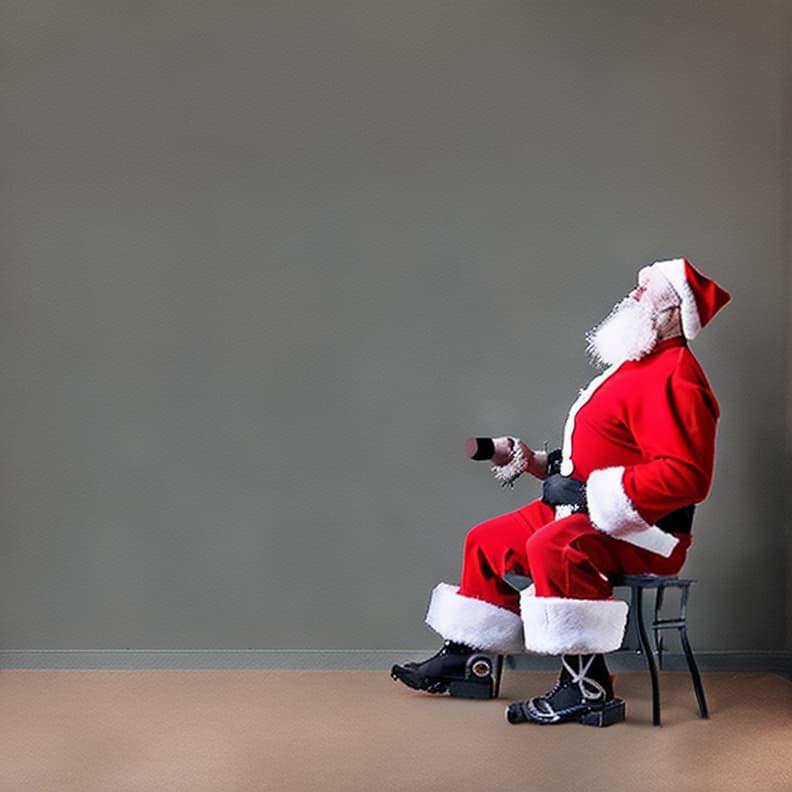  a man with a white beard mid to late 40s wearing a full red santa suit with white cuffs, black boots painting a long wall with a paint roller and an extension pole .