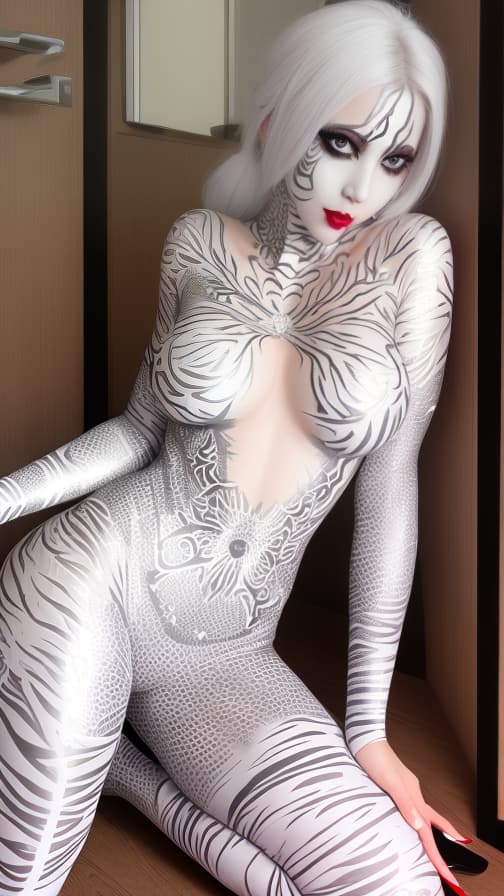  White Spider-patterned body paint in every corner of the whole body, full-body,Silver body paint, Silver face paint on the face, succubus 女性