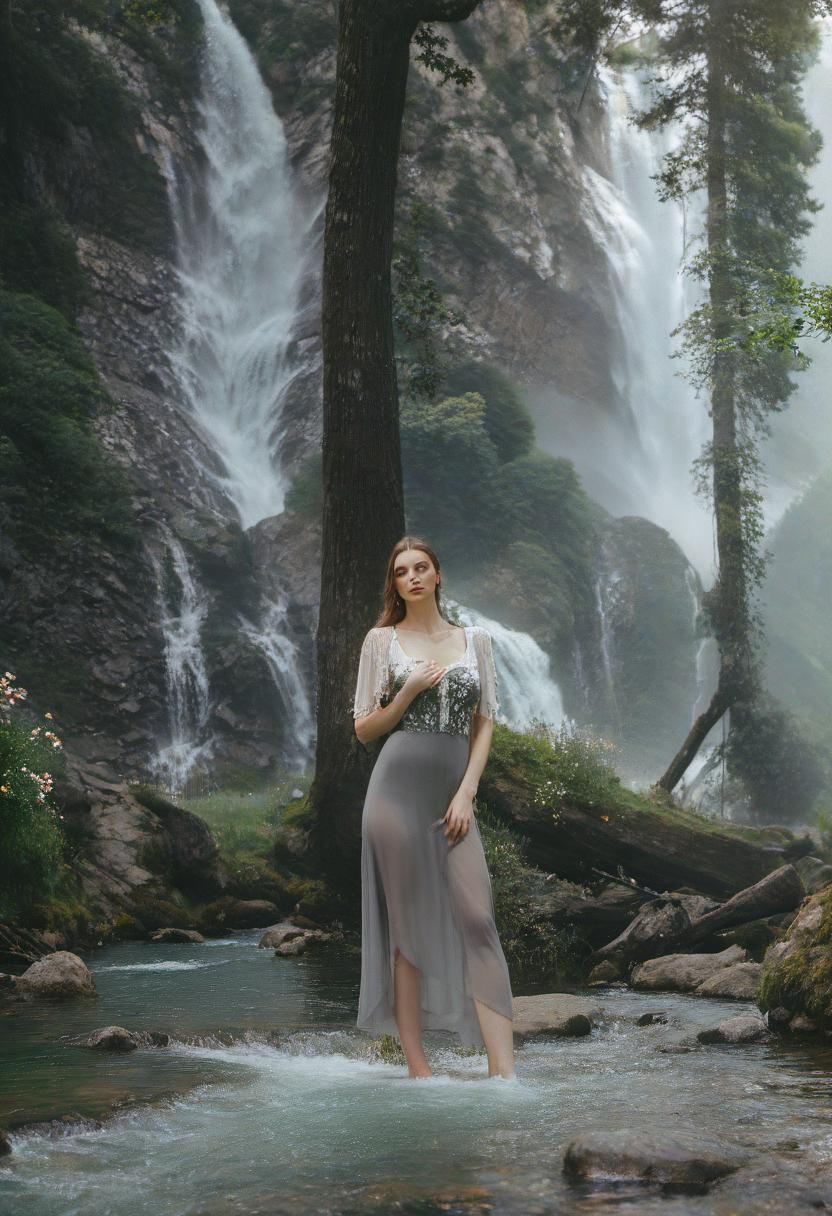  cinematic photo girl. black long dress. waterfall, green forest, white rocks, dairy water, field flowers . 35mm photograph, film, bokeh, professional, 4k, highly detailed, film photography style hyperrealistic, full body, detailed clothing, highly detailed, cinematic lighting, stunningly beautiful, intricate, sharp focus, f/1. 8, 85mm, (centered image composition), (professionally color graded), ((bright soft diffused light)), volumetric fog, trending on instagram, trending on tumblr, HDR 4K, 8K