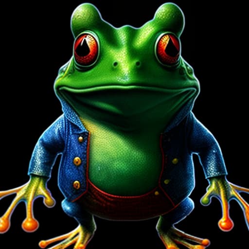 mdjrny-v4 style (a frog wearing blue jean), full body, ghibli style, anime, vibrant colors, hdr, enhance, ((plain black background)), masterpiece, highly detailed, 4k, hq, separate colors, bright colors