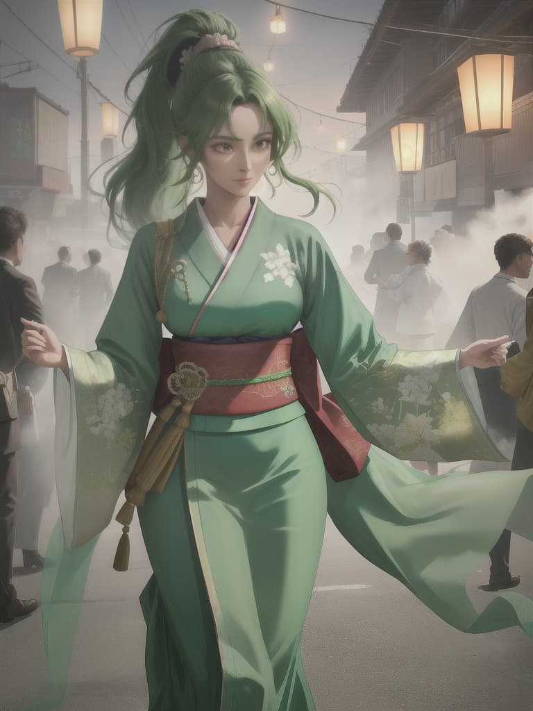  Woman, brown skin, ponytail, green hair, kimono, green clothes, night festival, lanterns, masterpiece, best quality,8k,ultra detailed,high resolution,an extremely delicate and beautiful,hyper detail hyperrealistic, full body, detailed clothing, highly detailed, cinematic lighting, stunningly beautiful, intricate, sharp focus, f/1. 8, 85mm, (centered image composition), (professionally color graded), ((bright soft diffused light)), volumetric fog, trending on instagram, trending on tumblr, HDR 4K, 8K
