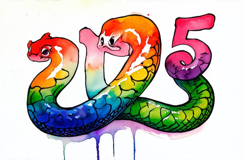  artwork snake around the inscription "2025" ar 3:2, watercolor techniques, featuring fluid colors, subtle gradients, transparency associated with watercolor art