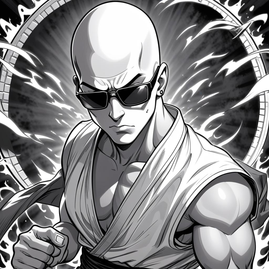  manga artwork a male young bald monk,he has johnny cage appearance,make him serious with some menacing aura around him,draw him manga style black and white during a impact frame,he wears sun glasses impact frames. manga artist. manga, highly emotional. best quality, high resolution