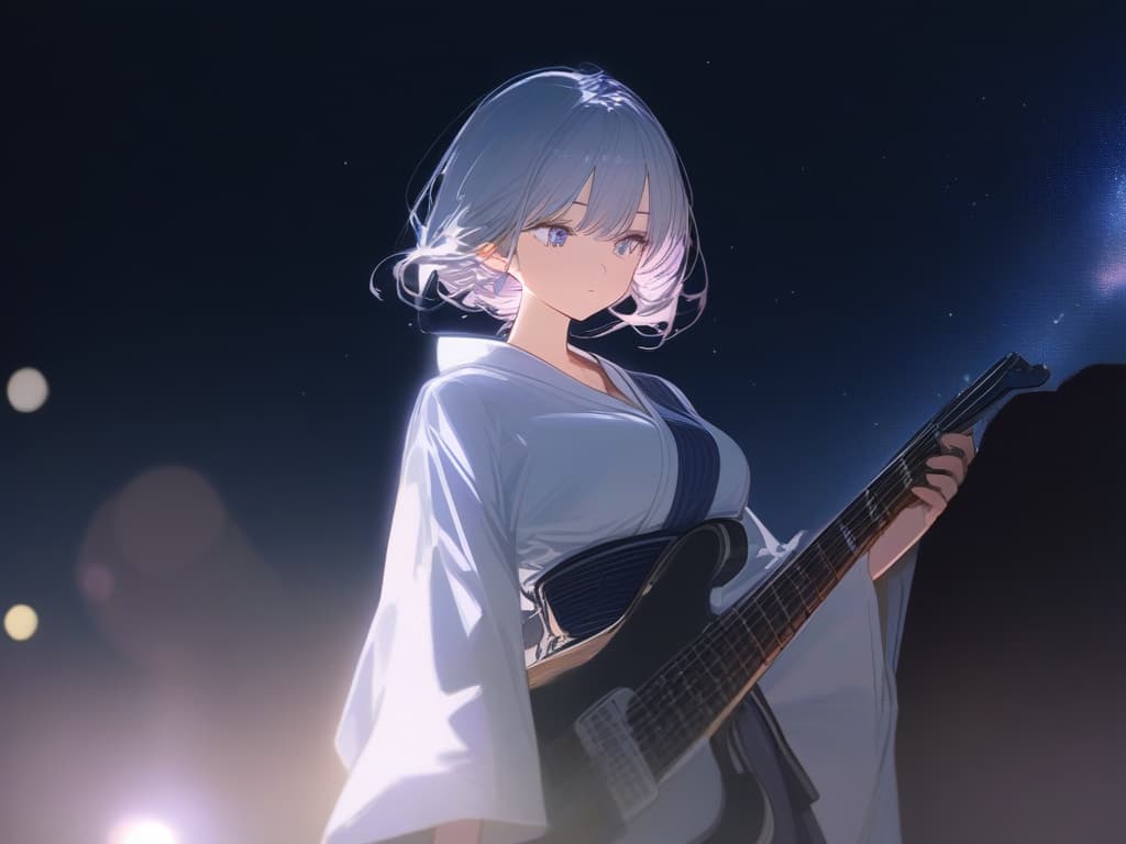  beaultiful girl,solo,(play the electric guitar),super fine illustration,light novel,digital painting style,full body,upper body focus,direct eye contact,serious facial expression,galaxy background,night time,spotlight brightness,kimono outfit,white color tone,beautiful composition,cinematic lighting,extremely detailed,8k,cinematic postprocessing,masterpease