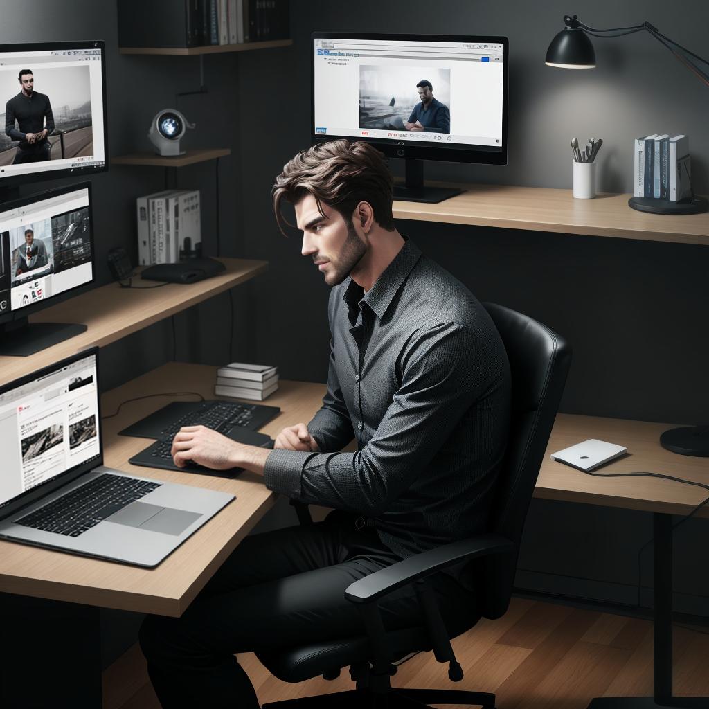  A men chair, watching on screen, lerning video editing on youtube. make sure that his hands are not on table or a computer. make it look realistic and add a bit darkness in room.