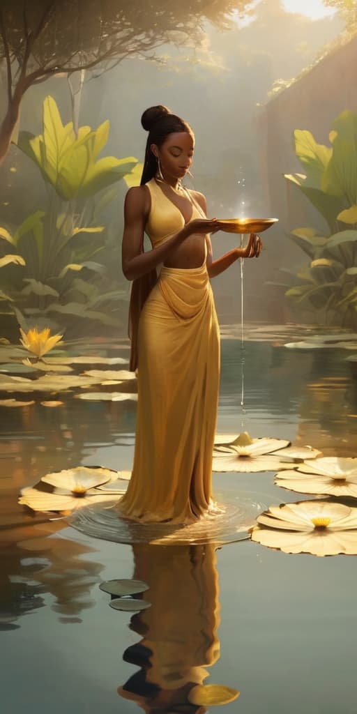  minimalism, a beautiful black woman with brown skin. she stands divinely in a lotus flower pond. she is pouring water from a golden clay pot into the pond. there is golden light casted on to her and the scene. the atmosphere is calm and serene, abstract, simple geometic shapes, hard edges, sleek contours, minimalism