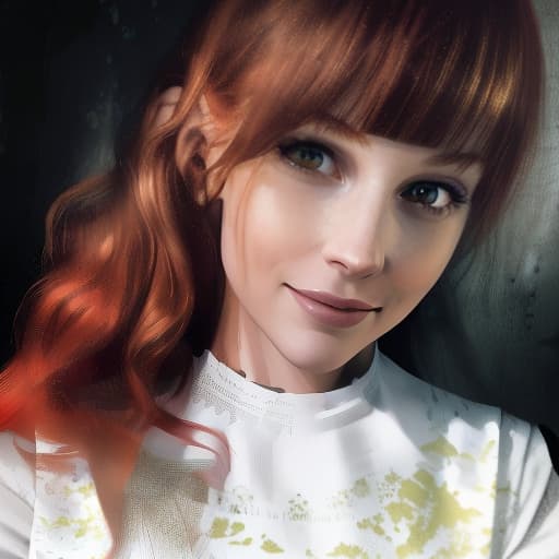  the woman has long red hair, wearing a white top, photorealistic, hyperrealistic, hyperdetailed, analog style, demure, detailed skin, pores, smirk, smiling eyes, matte skin, soft lighting, subsurface scattering, realistic, heavy shadow, masterpiece, best quality, ultra realistic, 8k, golden ratio, intricate, high detail, film photography, soft focus