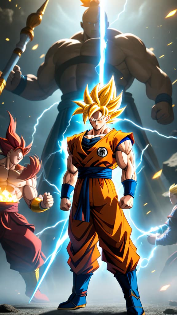  anime art: super saiyan god wins the ultimate showdown with divine prowess against super saiyan goku. hyperrealistic, full body, detailed clothing, highly detailed, cinematic lighting, stunningly beautiful, intricate, sharp focus, f/1. 8, 85mm, (centered image composition), (professionally color graded), ((bright soft diffused light)), volumetric fog, trending on instagram, trending on tumblr, HDR 4K, 8K