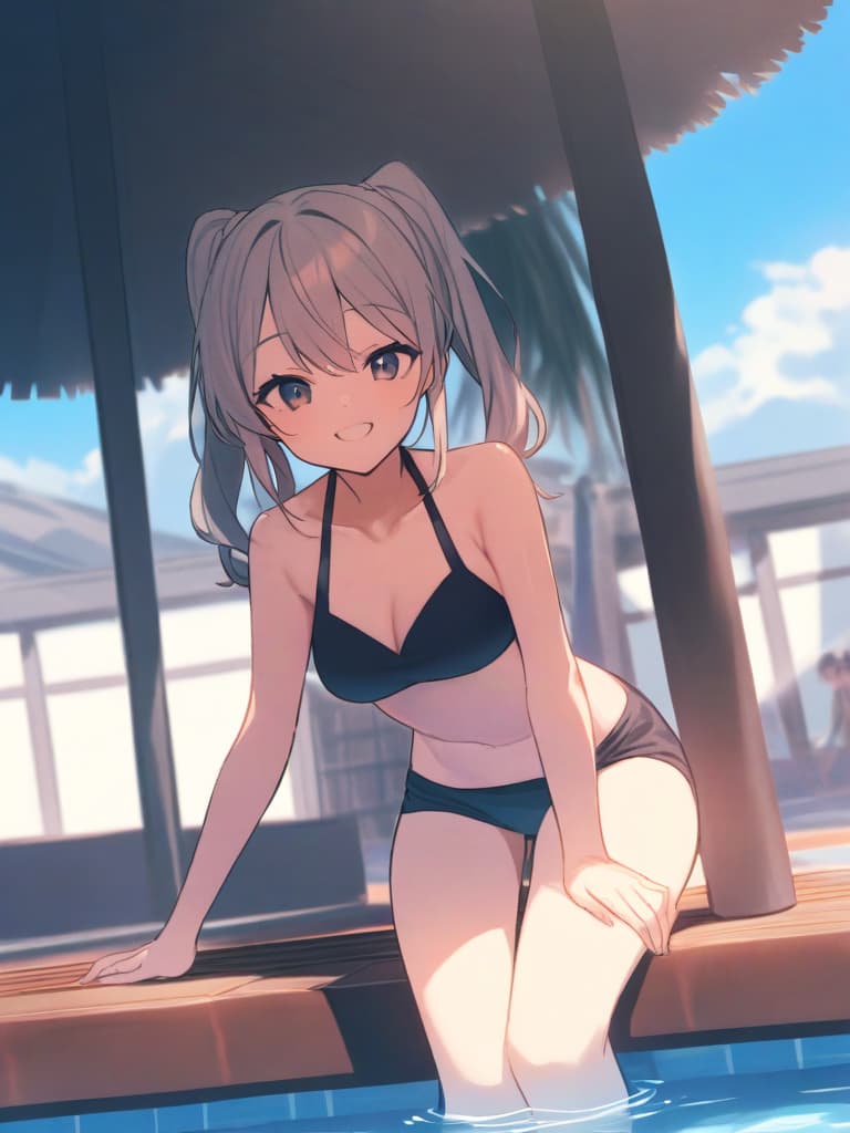  s, twin tails, cute smiles, s with area, man in swimwear (), poolside,