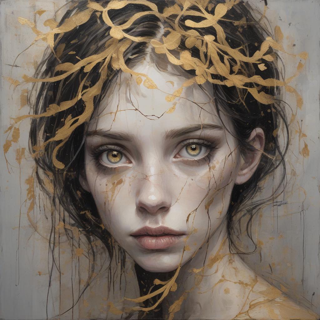  create a textured portrait of a female with pale skin and dark hair, characterized by a mixture of organic and gritty elements, resembling the juxtaposition of beauty and decay. in the foreground, the woman's visage occupies two thirds of the image vertically, offset slightly to the right. she presents a pensive or determined expression, her eyes are dark, and her lips are lightly colored. one eye is partially obscured by delicately crafted golden vines which seem to grow from her skin, adding a touch of elegance to the grungy aesthetic. her hair is loose, dark, and flowing to the left side of the canvas, blending into the chaotic, abstract background. the background itself is a montage of scratches, splatters, and painterly textures in mon