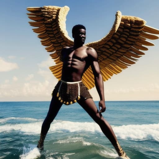  Mighty African male angel fully clothed in Israelite garb with wings. picks up big rock and toss it in sea.