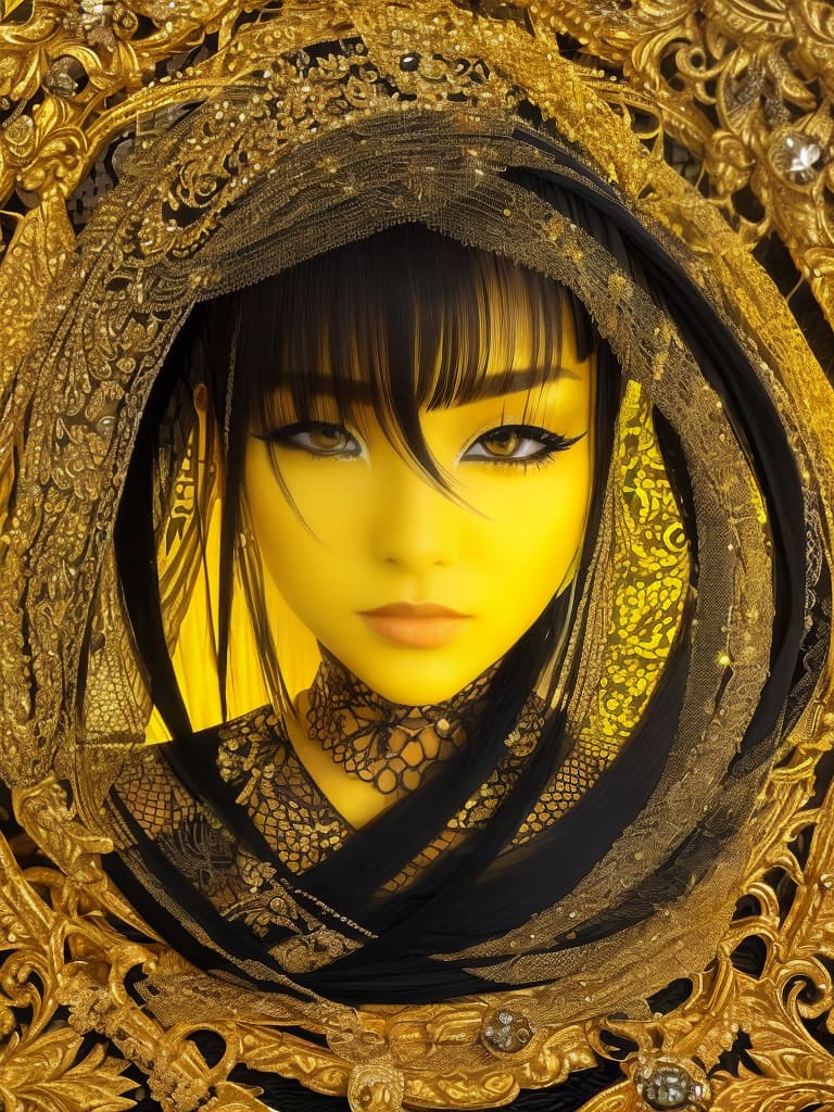  Golden yellow and sleek black color palette, captivating and inviting expression, exuding elegance and charm, magnetic beauty, intricate details, high contrast, luxurious feel, digital art, female, glossy finish, striking composition, dynamic lighting to enhance features.