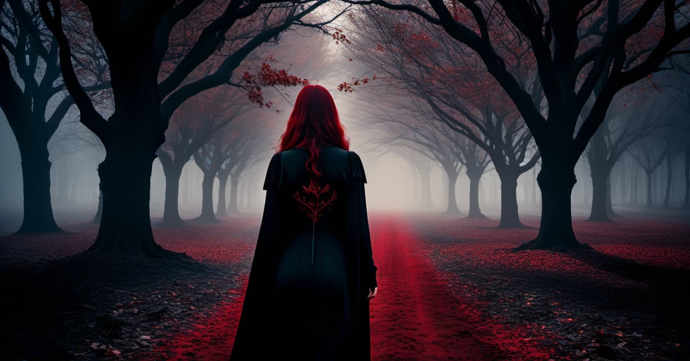  gothic style the red beach girl runs in the cold winter dark stash, and the black shadow of a man in the trees ahead. the girl's heart is burning . dark, mysterious, haunting, dramatic, ornate, detailed, t shirt design hyperrealistic, full body, detailed clothing, highly detailed, cinematic lighting, stunningly beautiful, intricate, sharp focus, f/1. 8, 85mm, (centered image composition), (professionally color graded), ((bright soft diffused light)), volumetric fog, trending on instagram, trending on tumblr, HDR 4K, 8K