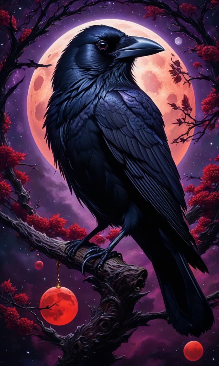  space themed (oil painting, masterpiece, high detailed:1.3), black bird (raven:1.2) perched on a twisted branch, full moon in the background, (red and purple accents:1.2), inspired by ryan yee's style in duelyst, gothic art vibes, tarot card theme, very beautiful furry art, detailed feathers, hauntingly beautiful eyes, profile picture worthy, reminiscent of martin ansin's work, intricate moon details, textured feathers, captivating gaze, ethereal glow, mysterious and enchanting atmosphere, dark and moody color palette. . cosmic, celestial, stars, galaxies, nebulas, planets, science fiction, highly detailed