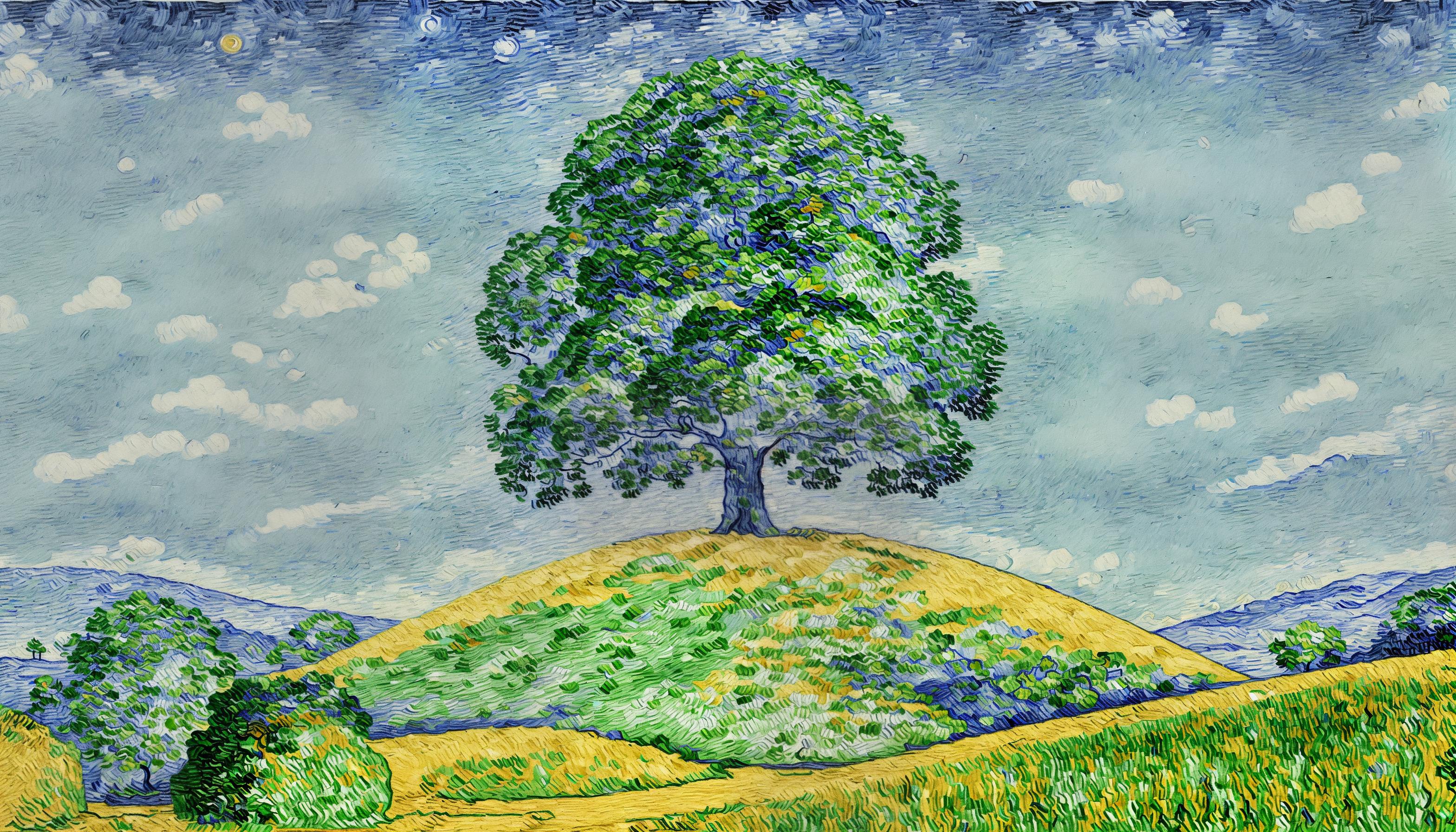  a beautiful painting of a SINGLE tree ontop of single hill surronded by a clear sky by van gough, v0ng44g, p0rtr14t, beautiful detailed art, masterpiece,