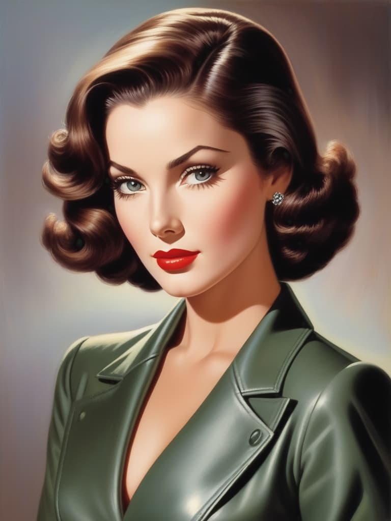  create an image of a striking young woman with clasic mid 20th century beauty. she has brown, shoulder length hair, styled in soft, elegant waves, typical of the 1950s or 1960s glamour. her eyes are a bright, piercing light gray, framed by dark, well defined brows, giving her an intense yet sophisticated gaze. her facial features are sharp and refined, with high cheekbones, a strong jawline, and full lips. she has a tall and athletic figure, standing confidently, with an air of elegance and strength, reflecting her famous roles. dress her in a tailored, form fitting outfit, like a sleek, high fashion dress or a vintage leather jacket, evoking her iconic roles in action and spy films. the overall mood should radiate confidence, grace, and a 