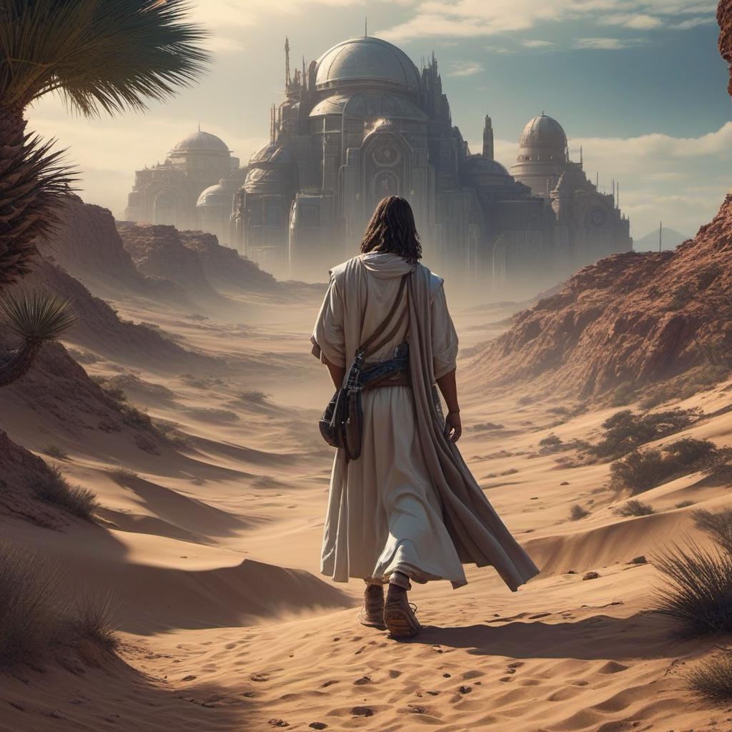  jesus cristo em tons neutros caminhando no deserto com o papa, cyberpunk style