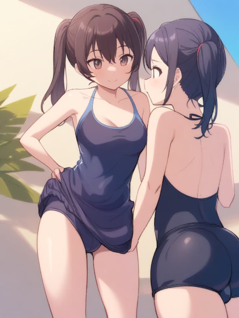  women's elementary students (male), twin tails, cute smiles, rich s, low stature, dark blue swimwear, old swimwear, , simple, , (bulge), male (bulging), front, whole body, pool side,