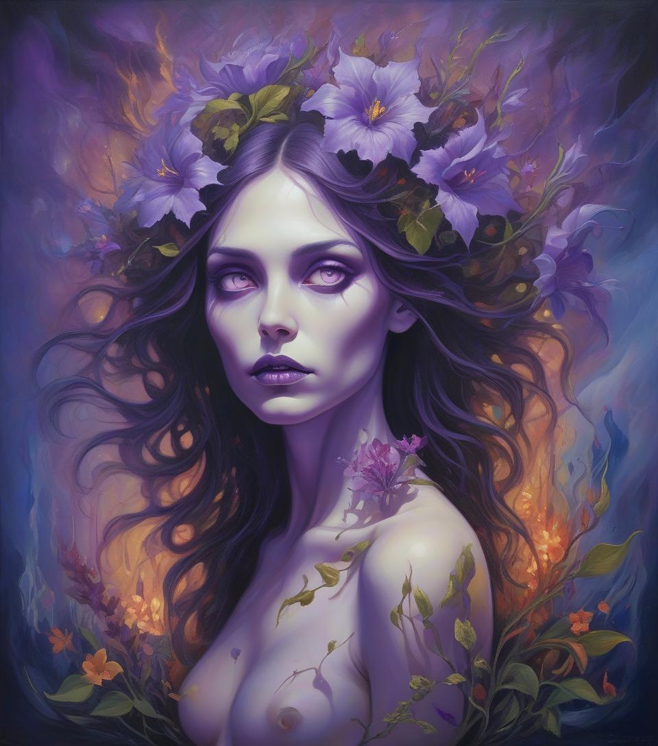  beautiful hybrid woman with purple flowers sprouting from her, oil painting,ethereal glow, dark and mysterious, high quality, vibrant colors, surreal, haunting, intricate floral details, intense gaze, mystical atmosphere, oil painting, demon, hybrid, fiery eyes, ethereal, vibrant colors, surreal, haunting, floral details, intense gaze, mystical atmosphere