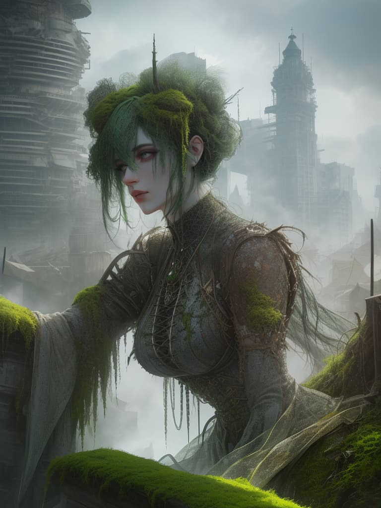  a lot of decayed buildings, large amounts of moss and nature, masterpiece, best quality,8k,ultra detailed,high resolution,an extremely delicate and beautiful,hyper detail hyperrealistic, full body, detailed clothing, highly detailed, cinematic lighting, stunningly beautiful, intricate, sharp focus, f/1. 8, 85mm, (centered image composition), (professionally color graded), ((bright soft diffused light)), volumetric fog, trending on instagram, trending on tumblr, HDR 4K, 8K