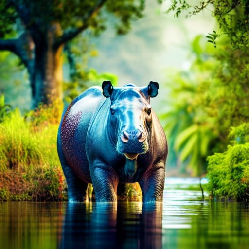  a pleasant scene. a hippopotamus in a lake, a girl sitting on the hippopotamus, surrounded by jungle hyperrealistic, full body, detailed clothing, highly detailed, cinematic lighting, stunningly beautiful, intricate, sharp focus, f/1. 8, 85mm, (centered image composition), (professionally color graded), ((bright soft diffused light)), volumetric fog, trending on instagram, trending on tumblr, HDR 4K, 8K