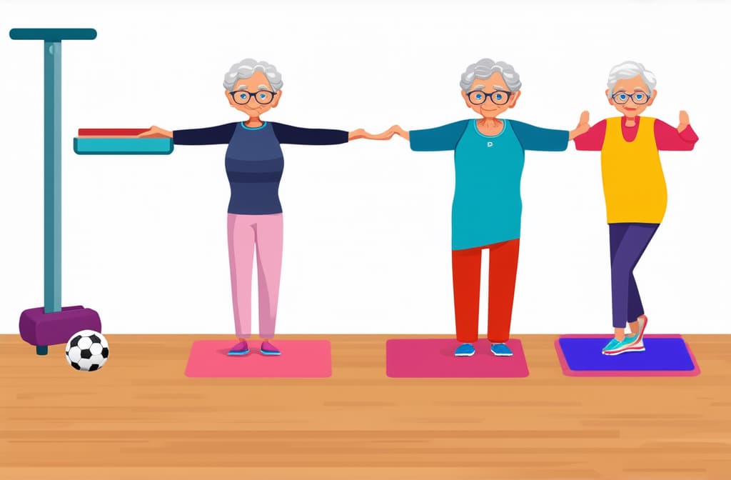  elderly people cartoon characters doing sports, practicing yoga, enjoying aerobics and gymnastics. flat illustration ar 3:2 {prompt}, maximum details